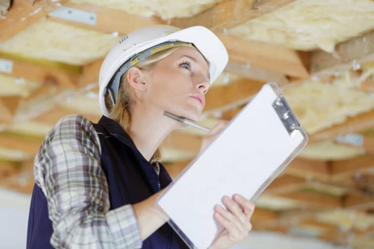 Female architect inspecting construction site with clipboard, wearing safety helmet, under wooden ceiling structure.