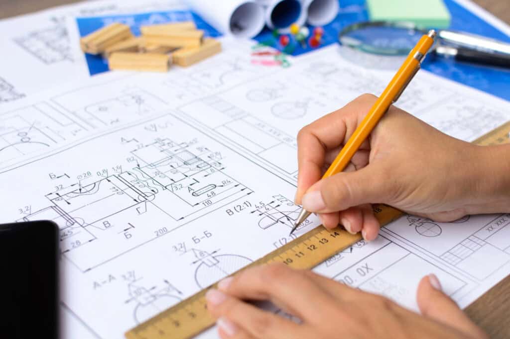 Blueprint drafting for architectural design using ruler and technical drawings.
