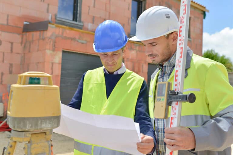 Inspection of construction site by architects and surveyors at a residential building site.