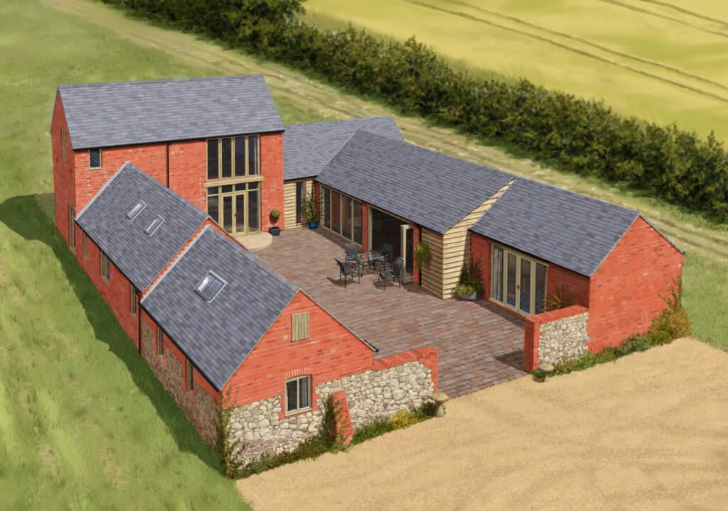 Modern rural house - barn conversion with bricks and stone, designed by JED Design Architectural Services Ltd, featuring spacious outdoor patio and greenery.