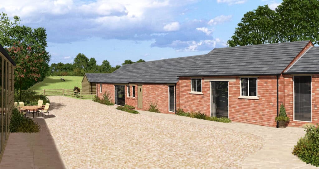 Modern brick bungalow from stable conversion with landscaped garden and rural landscape views, designed by JED Design (Architectural Services) Ltd.