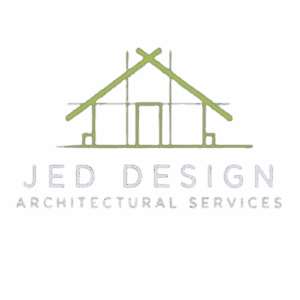 JED Design architectural services logo with house outline and green construction elements.